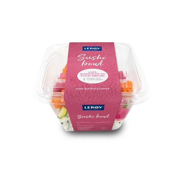 Sushibowl med blomkålsris og syltet rødløk forpakning