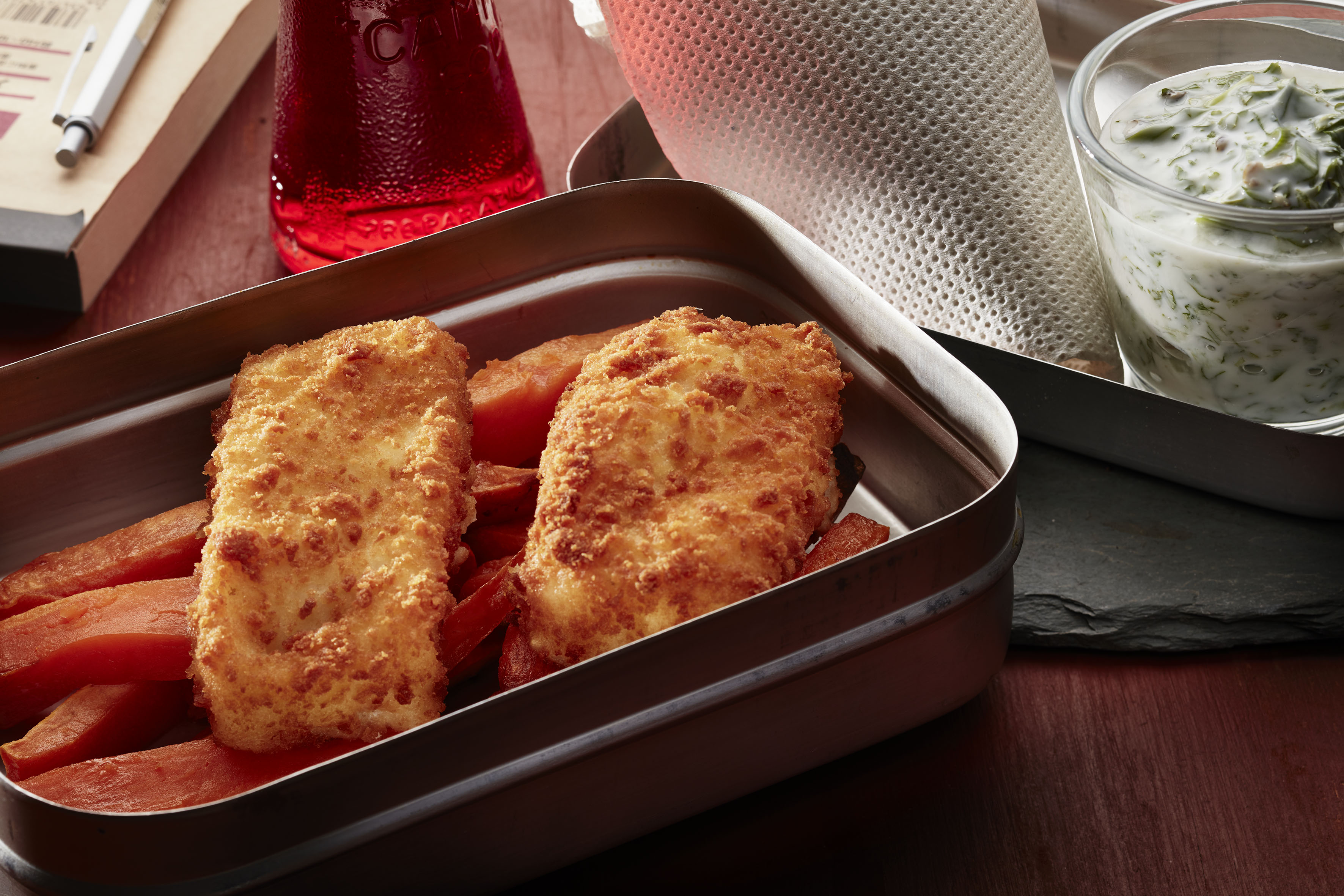 Pankopanert torsk med søtpotet og limedressing