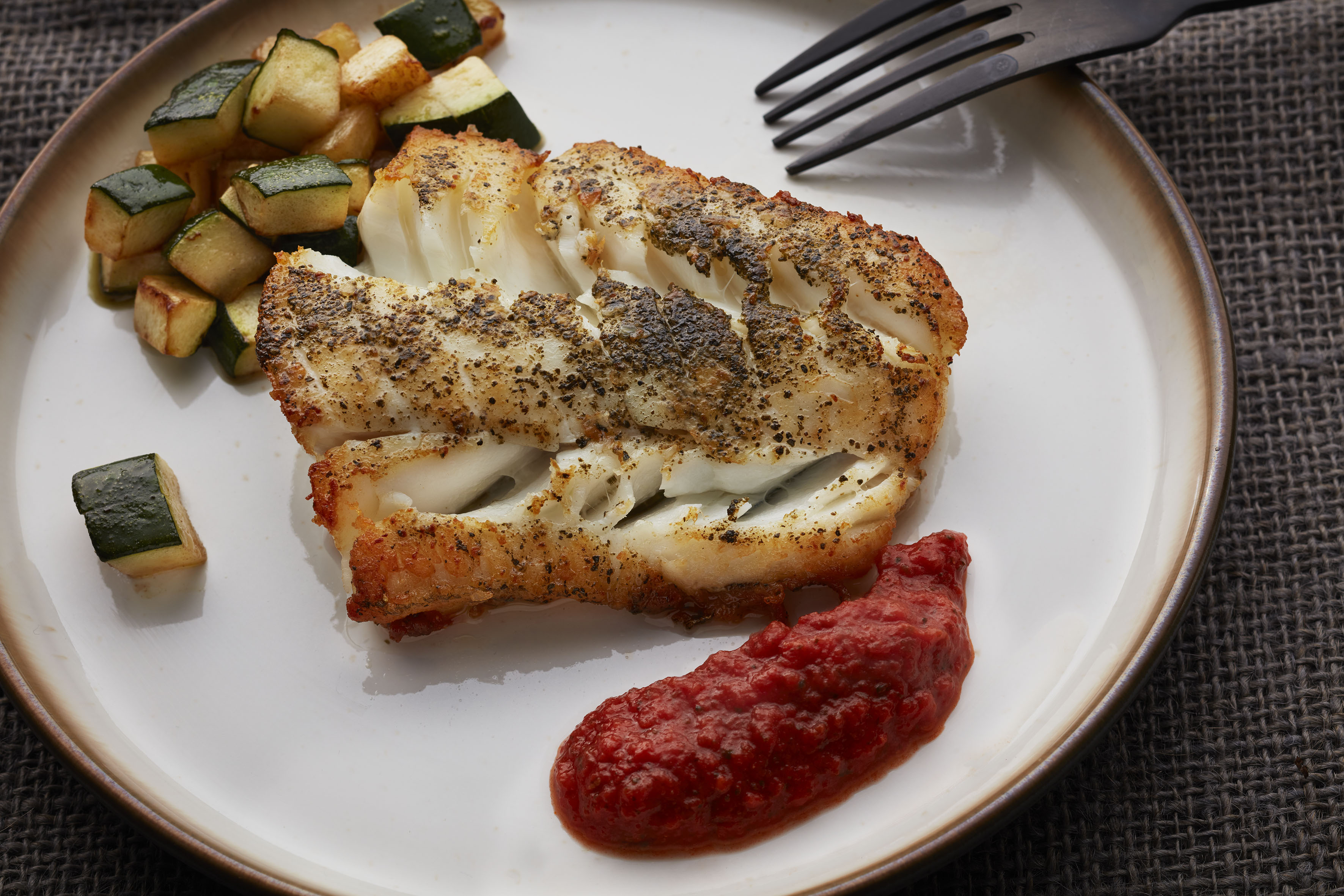 Stekt torsk med tarekrydder og olivenstekt squash